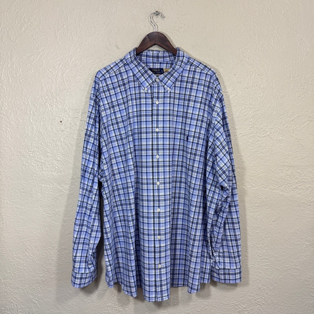 Polo Ralph Lauren Dress Shirt 4XB Blue Plaid Stretch Tech Preppy Classic Career